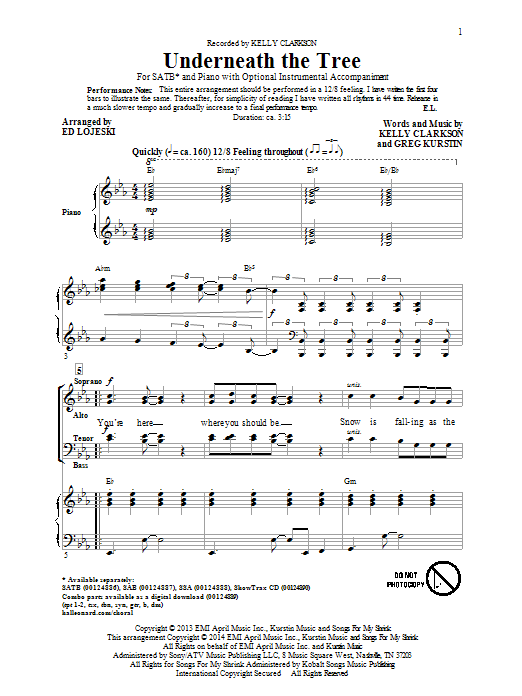 Kelly Clarkson Underneath The Tree (arr. Ed Lojeski) sheet music notes and chords. Download Printable PDF.