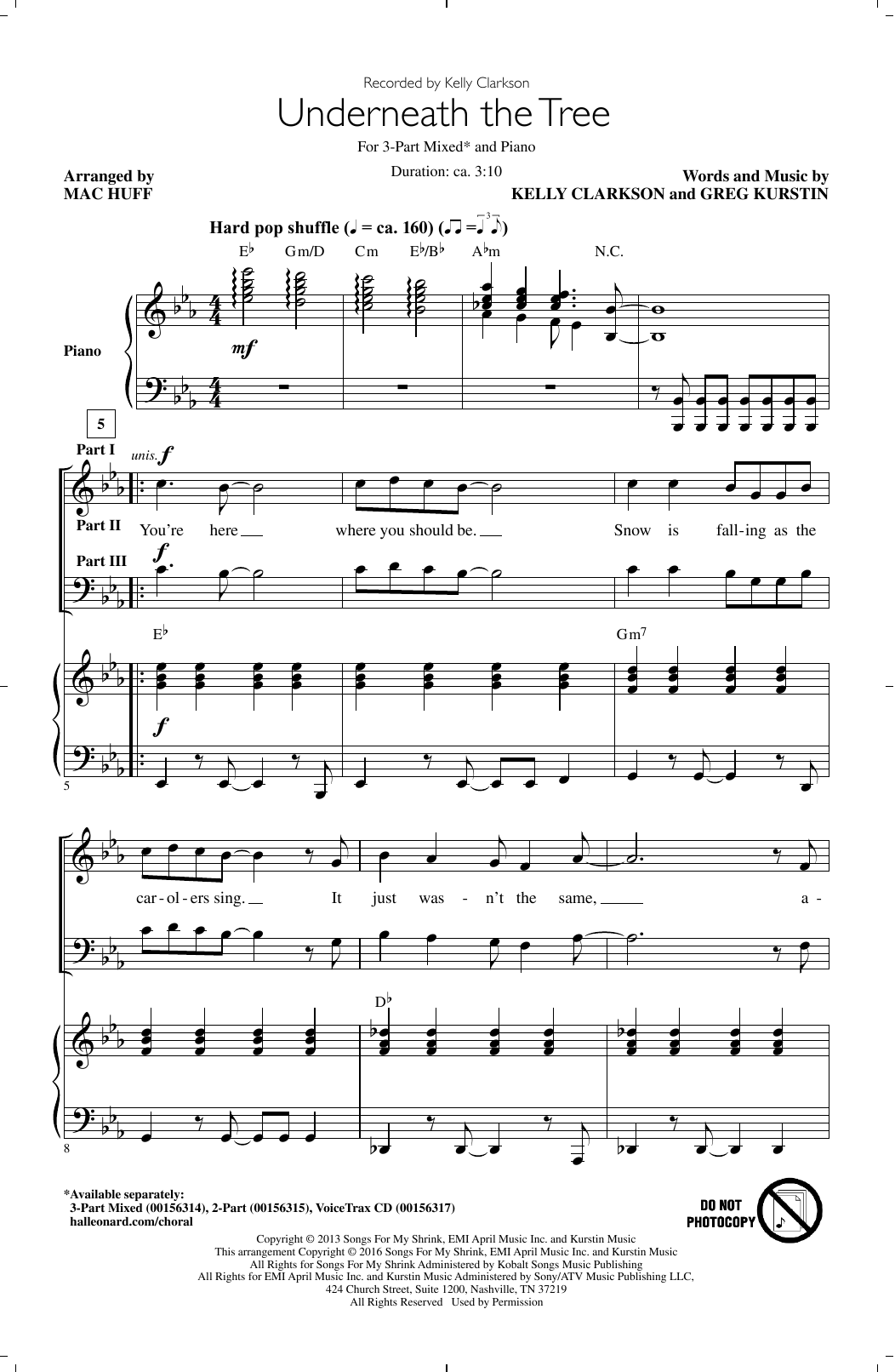 Kelly Clarkson Underneath The Tree (arr. Mac Huff) sheet music notes and chords. Download Printable PDF.