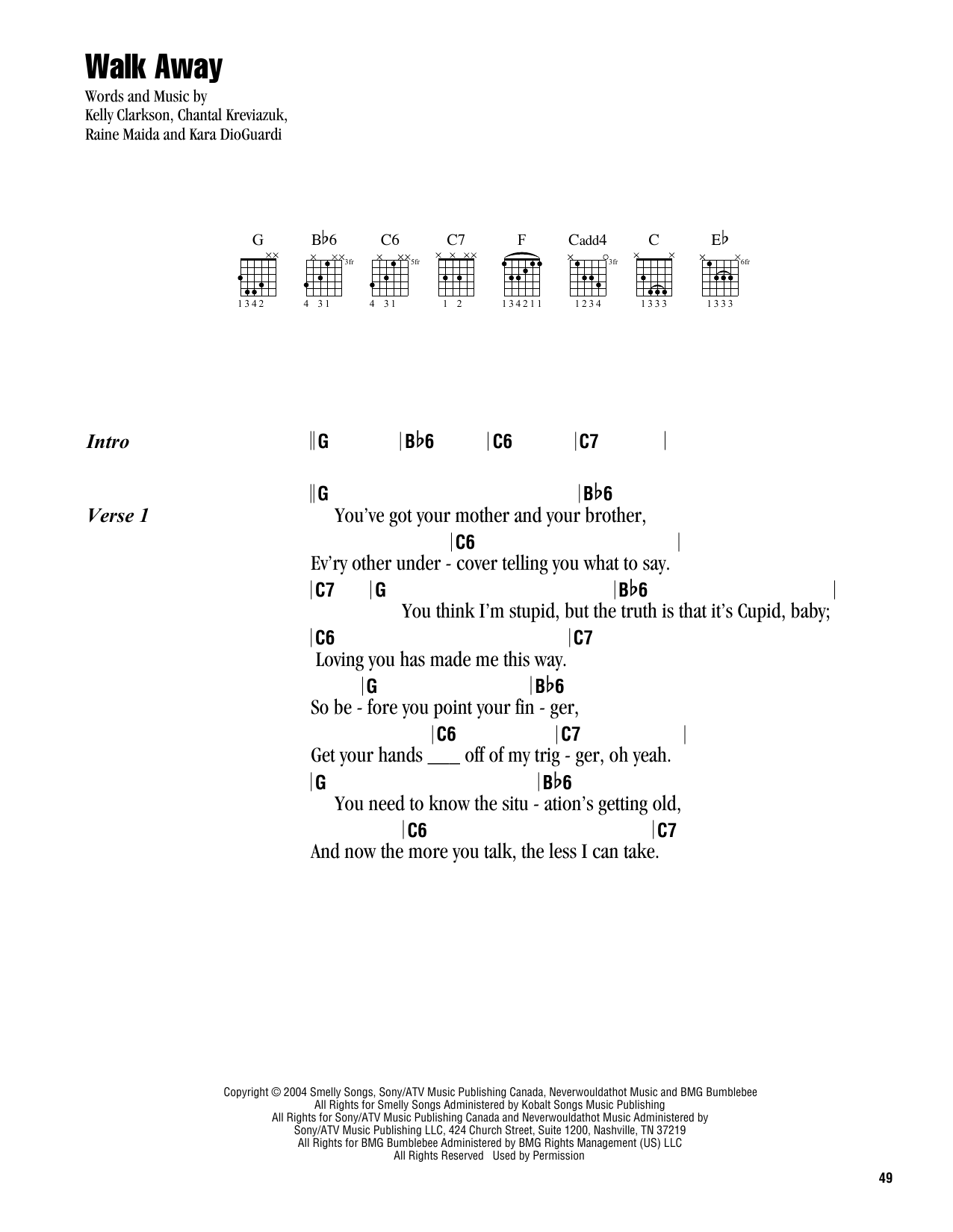 Kelly Clarkson Walk Away sheet music notes and chords. Download Printable PDF.