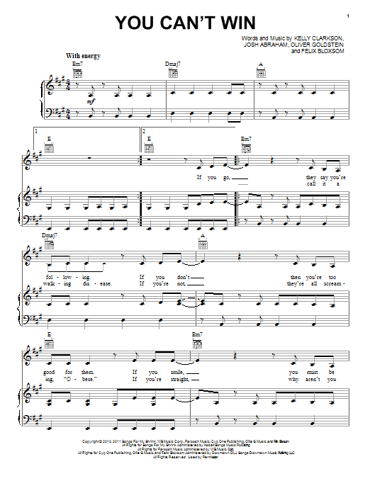 Learn to play Kelly Clarkson You Can't Win sheet music for Piano, Vocal & Guitar Chords (Right-Hand Melody) in minutes. Price: 7.8900$ Kelly Clarkson You Can't Win sheet music notes and chords arranged for Piano, Vocal & Guitar Chords (Right-Hand Melody)