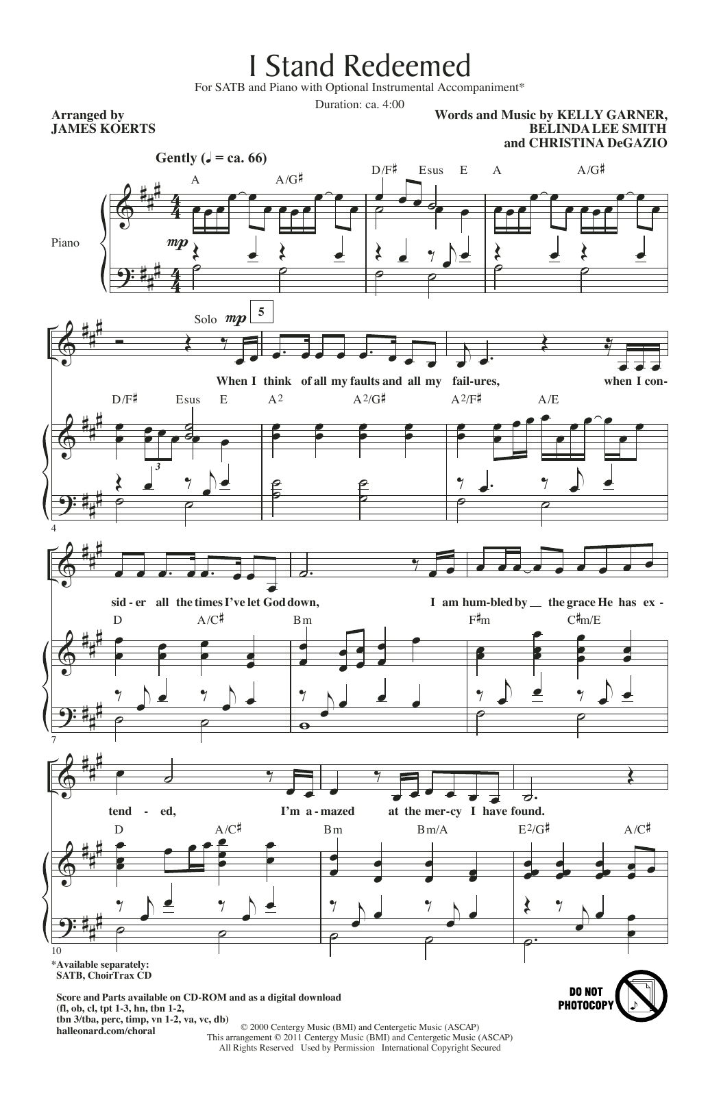 Kelly Garner, Belinda Lee Smith & Christina DeGazio I Stand Redeemed (arr. James Koerts) sheet music notes and chords arranged for SATB Choir