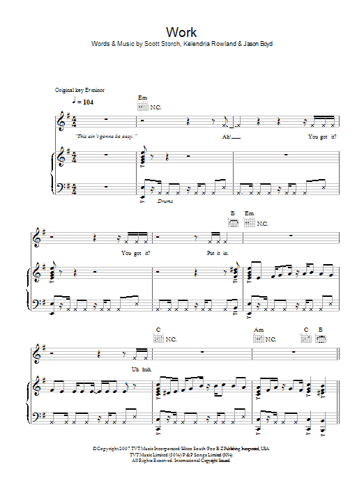 Learn to play Kelly Rowland Work sheet music for Piano, Vocal & Guitar Chords in minutes. Price: 7.8900$ Kelly Rowland Work sheet music notes and chords arranged for Piano, Vocal & Guitar Chords