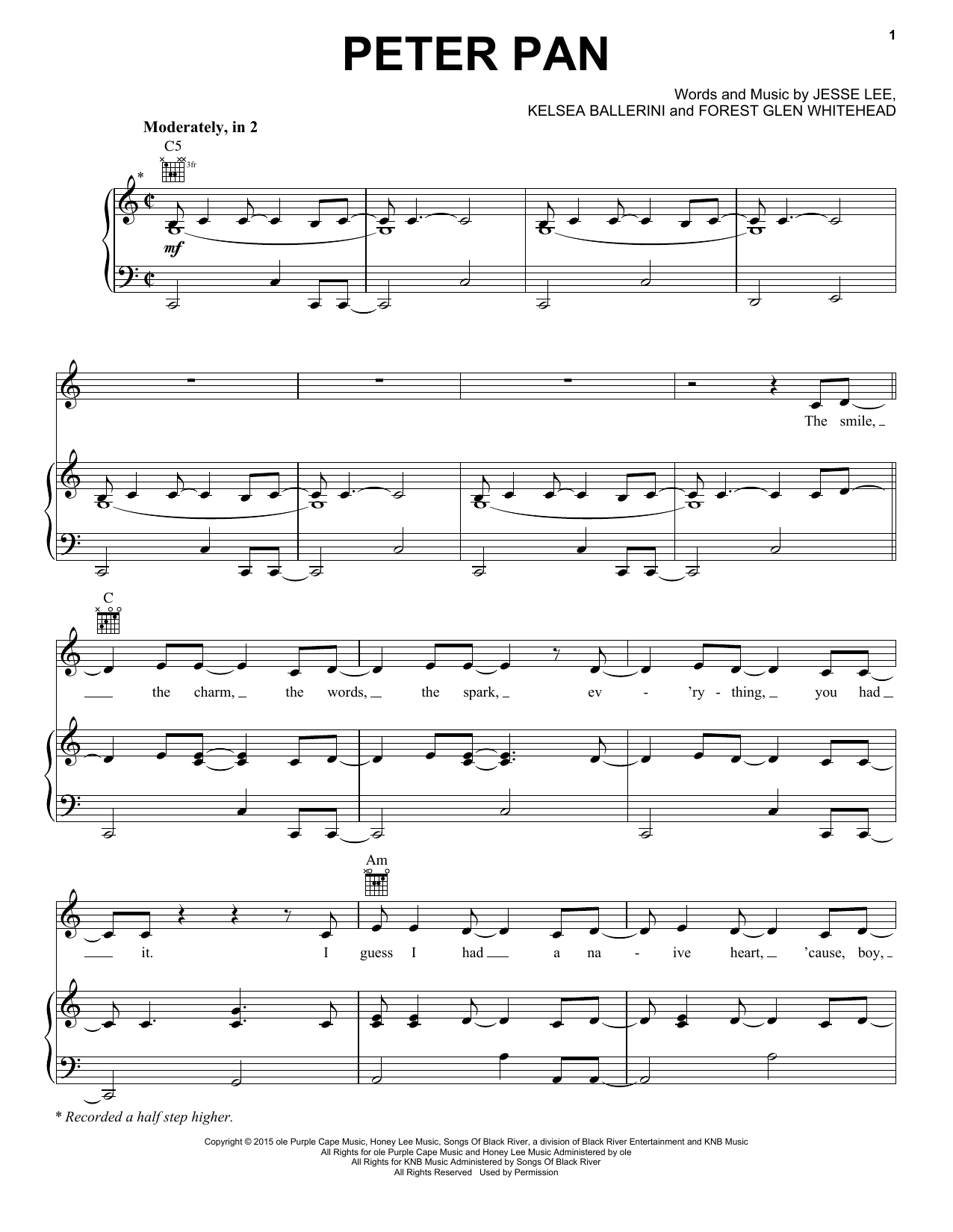 Learn to play Kelsea Ballerini Peter Pan sheet music for Piano, Vocal & Guitar Chords (Right-Hand Melody) in minutes. Price: 7.8900$ Kelsea Ballerini Peter Pan sheet music notes and chords arranged for Piano, Vocal & Guitar Chords (Right-Hand Melody)