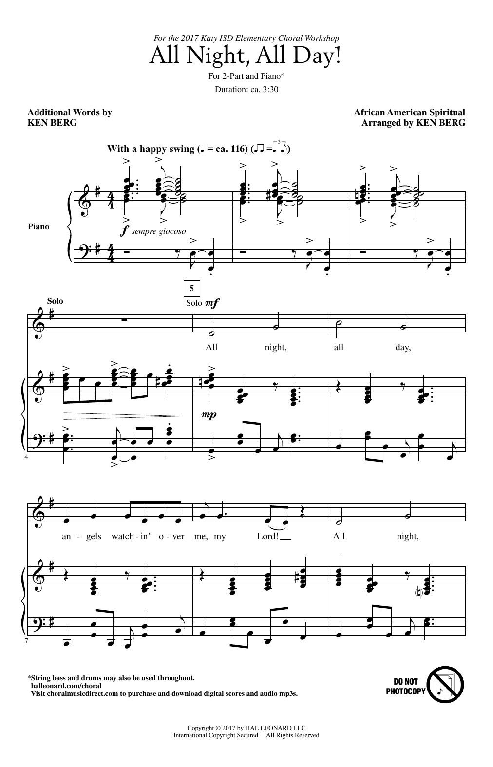 Ken Berg All Night, All Day sheet music notes and chords. Download Printable PDF.