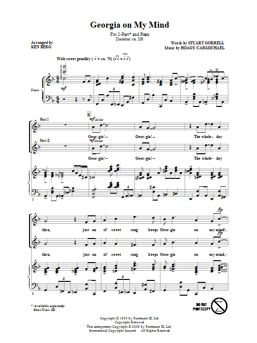 Learn to play Ray Charles Georgia On My Mind (arr. Ken Berg) sheet music for 2-Part Choir in minutes. Price: 3.9900$ Ray Charles Georgia On My Mind (arr. Ken Berg) sheet music notes and chords arranged for 2-Part Choir