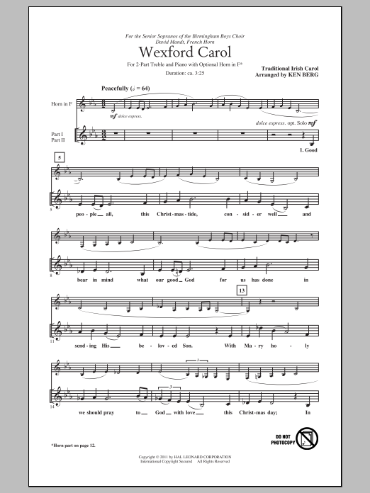 Ken Berg Wexford Carol sheet music notes and chords. Download Printable PDF.