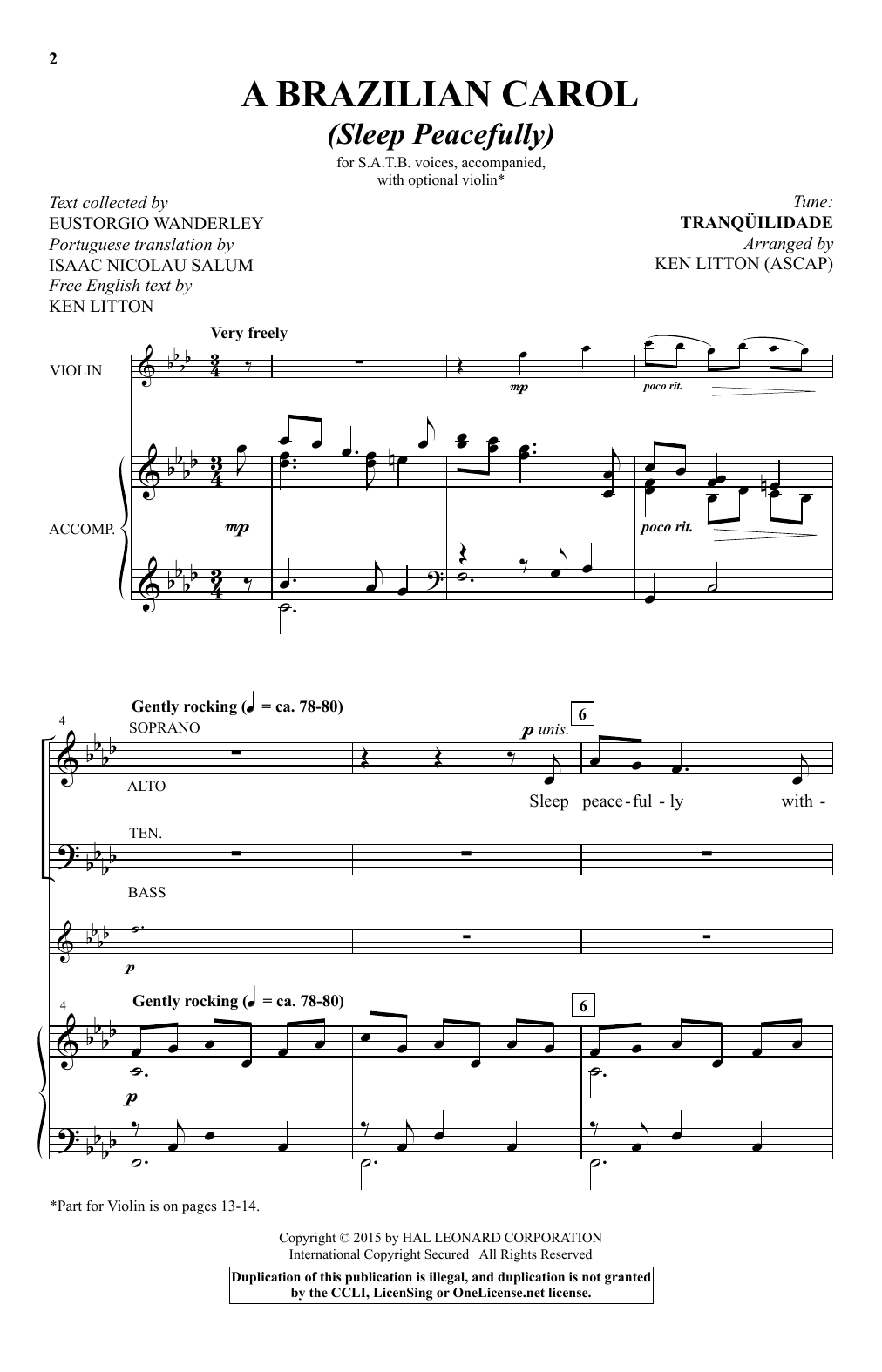 Traditional A Brazilian Carol (Sleep Peacefully) (arr. Ken Litton) sheet music notes and chords. Download Printable PDF.