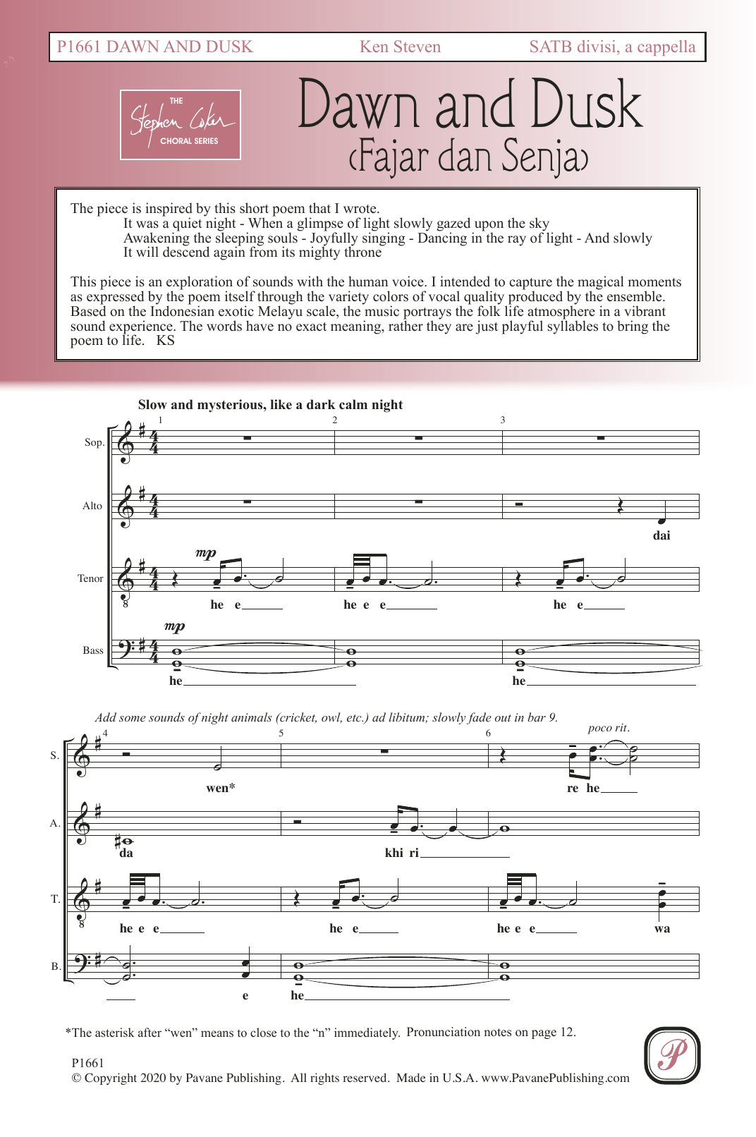 Learn to play Ken Steven Dawn and Dusk (Fajar dan Senja) sheet music for SATB Choir in minutes. Price: 3.9900$ Ken Steven Dawn and Dusk (Fajar dan Senja) sheet music notes and chords arranged for SATB Choir