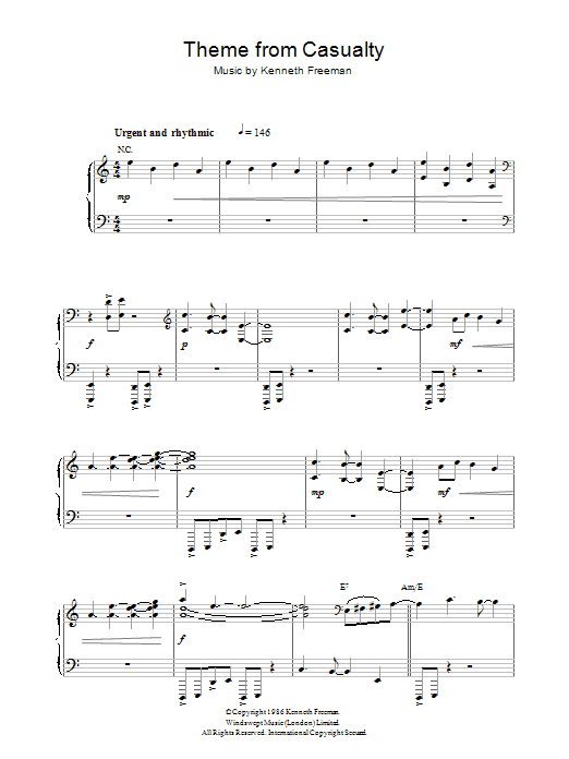 Kenneth Freeman Theme from Casualty sheet music notes and chords arranged for Piano Solo