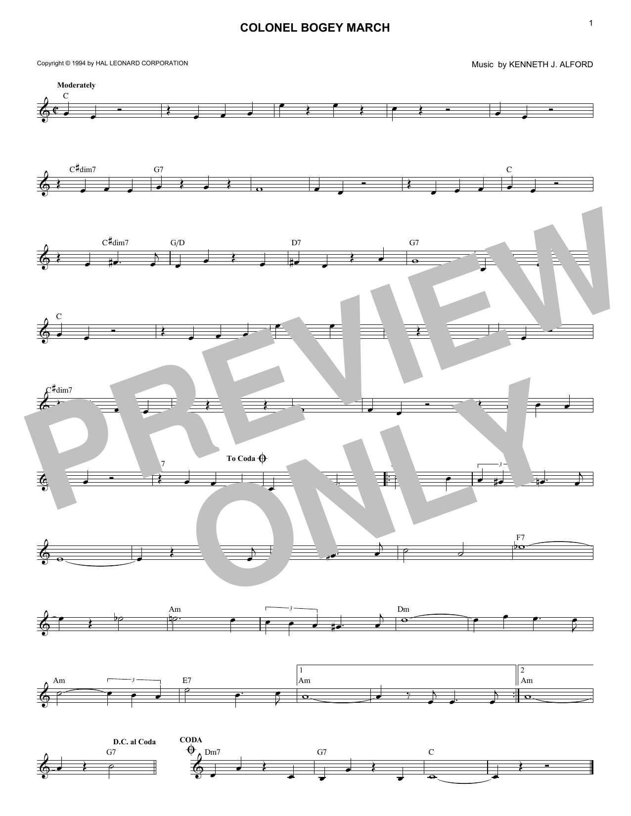 Kenneth J. Alford Colonel Bogey March sheet music notes and chords. Download Printable PDF.