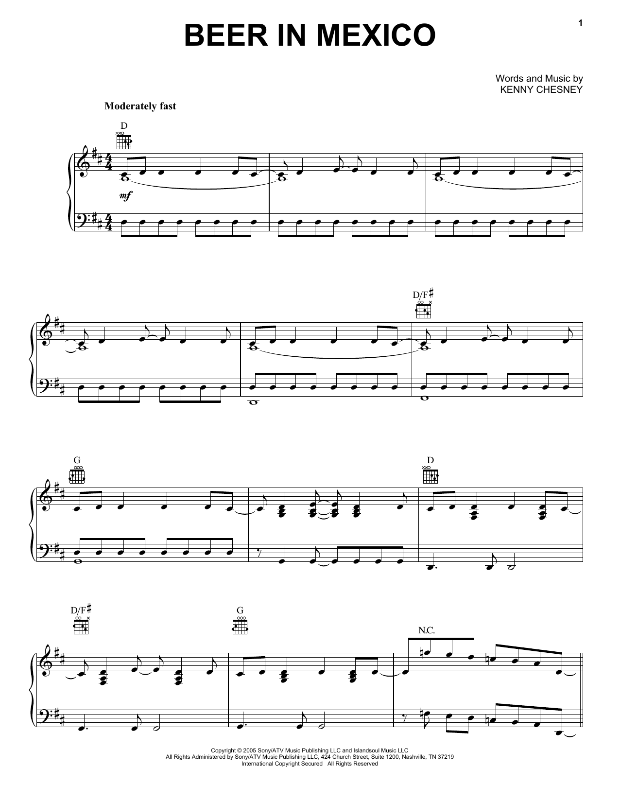 Kenny Chesney Beer In Mexico sheet music notes and chords. Download Printable PDF.