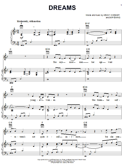 Learn to play Kenny Chesney Dreams sheet music for Piano, Vocal & Guitar Chords (Right-Hand Melody) in minutes. Price: 7.8900$ Kenny Chesney Dreams sheet music notes and chords arranged for Piano, Vocal & Guitar Chords (Right-Hand Melody)