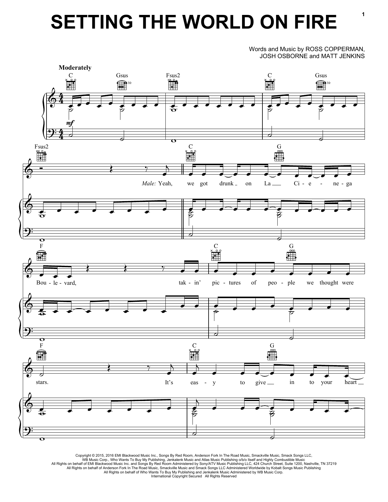 Kenny Chesney Setting The World On Fire (feat. Pink) sheet music notes and chords arranged for Piano, Vocal & Guitar Chords (Right-Hand Melody)