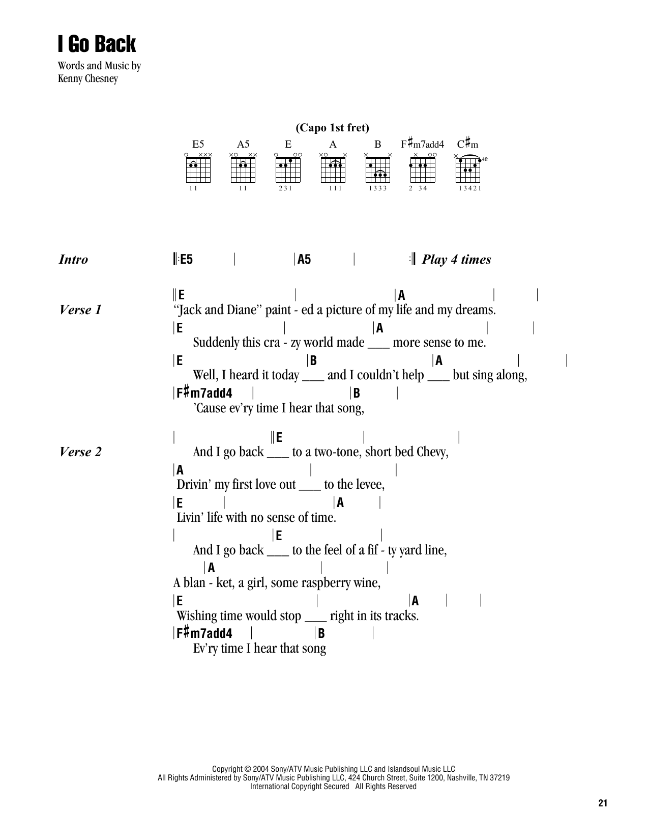 Kenny Chesney I Go Back sheet music notes and chords. Download Printable PDF.