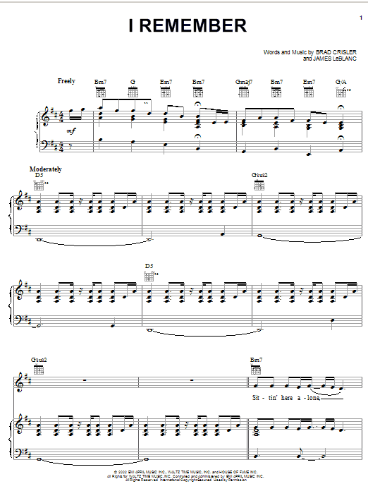 Learn to play Kenny Chesney I Remember sheet music for Piano, Vocal & Guitar Chords (Right-Hand Melody) in minutes. Price: 7.8900$ Kenny Chesney I Remember sheet music notes and chords arranged for Piano, Vocal & Guitar Chords (Right-Hand Melody)
