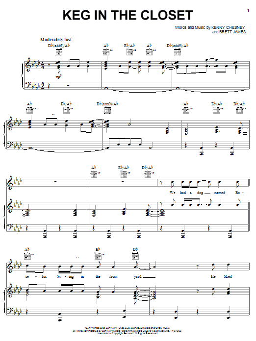 Learn to play Kenny Chesney Keg In The Closet sheet music for Piano, Vocal & Guitar Chords (Right-Hand Melody) in minutes. Price: 7.8900$ Kenny Chesney Keg In The Closet sheet music notes and chords arranged for Piano, Vocal & Guitar Chords (Right-Hand Melody)