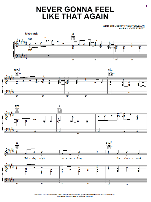 Learn to play Kenny Chesney Never Gonna Feel Like That Again sheet music for Piano, Vocal & Guitar Chords (Right-Hand Melody) in minutes. Price: 7.8900$ Kenny Chesney Never Gonna Feel Like That Again sheet music notes and chords arranged for Piano, Vocal & Guitar Chords (Right-Hand Melody)