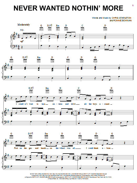 Learn to play Kenny Chesney Never Wanted Nothin' More sheet music for Piano, Vocal & Guitar Chords (Right-Hand Melody) in minutes. Price: 7.8900$ Kenny Chesney Never Wanted Nothin' More sheet music notes and chords arranged for Piano, Vocal & Guitar Chords (Right-Hand Melody)