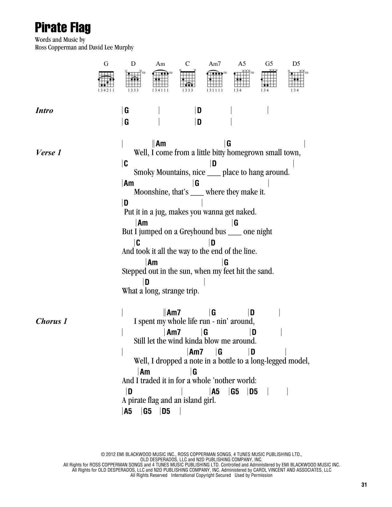 Kenny Chesney Pirate Flag sheet music notes and chords arranged for Piano & Vocal