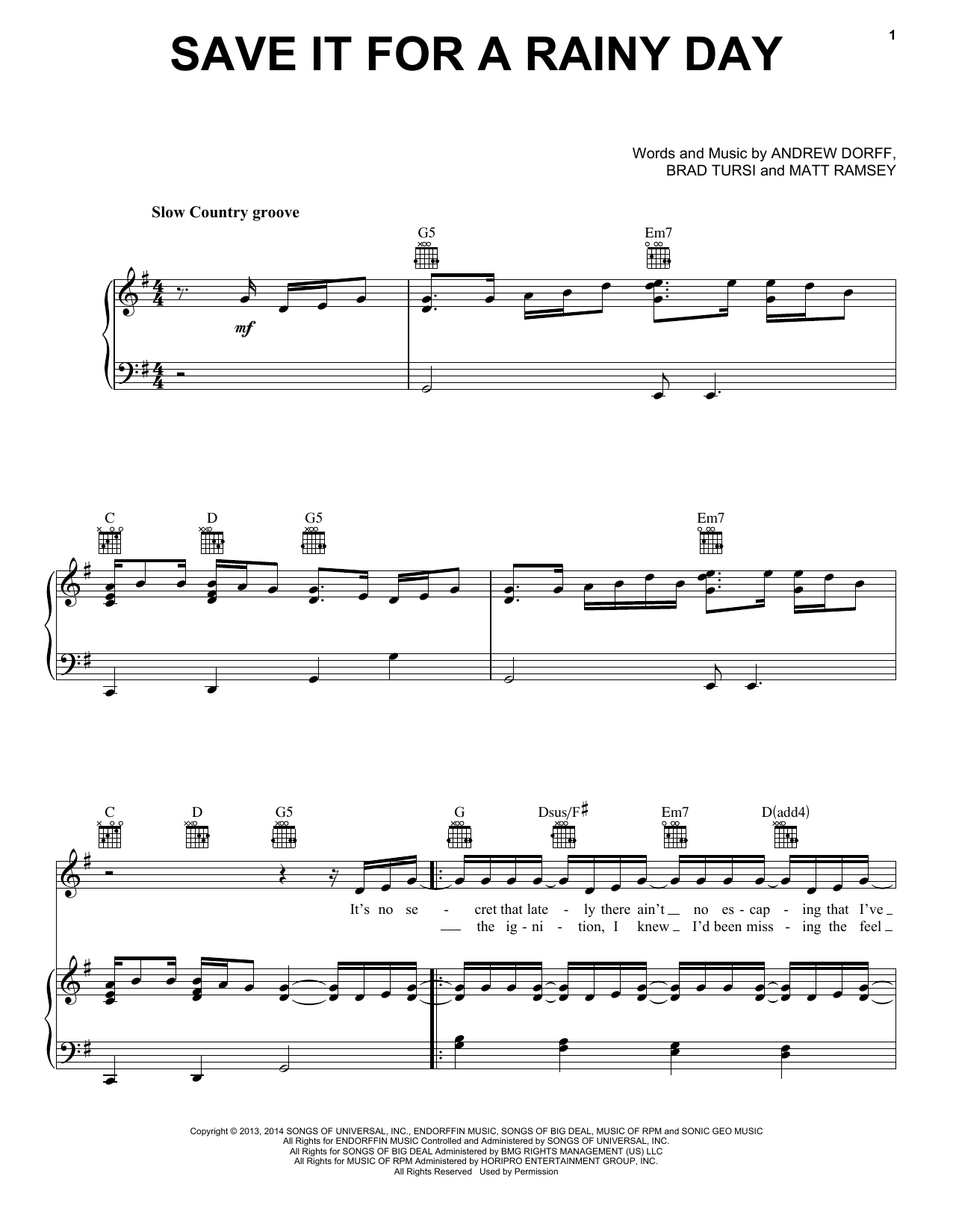 Learn to play Kenny Chesney Save It For A Rainy Day sheet music for Piano, Vocal & Guitar Chords (Right-Hand Melody) in minutes. Price: 7.8900$ Kenny Chesney Save It For A Rainy Day sheet music notes and chords arranged for Piano, Vocal & Guitar Chords (Right-Hand Melody)