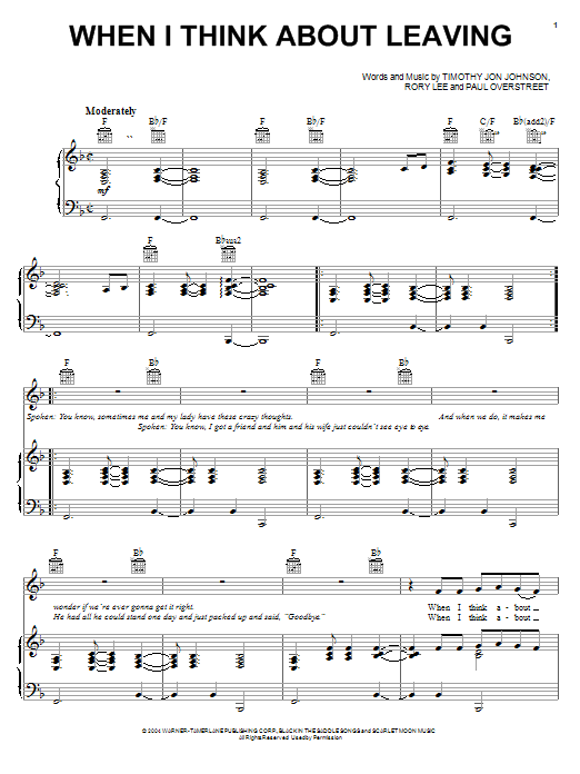 Learn to play Kenny Chesney When I Think About Leaving sheet music for Piano, Vocal & Guitar Chords (Right-Hand Melody) in minutes. Price: 7.8900$ Kenny Chesney When I Think About Leaving sheet music notes and chords arranged for Piano, Vocal & Guitar Chords (Right-Hand Melody)