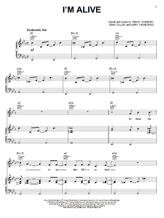 Learn to play Kenny Chesney with Dave Matthews I'm Alive sheet music for Piano, Vocal & Guitar Chords (Right-Hand Melody) in minutes. Price: 7.8900$ Kenny Chesney with Dave Matthews I'm Alive sheet music notes and chords arranged for Piano, Vocal & Guitar Chords (Right-Hand Melody)