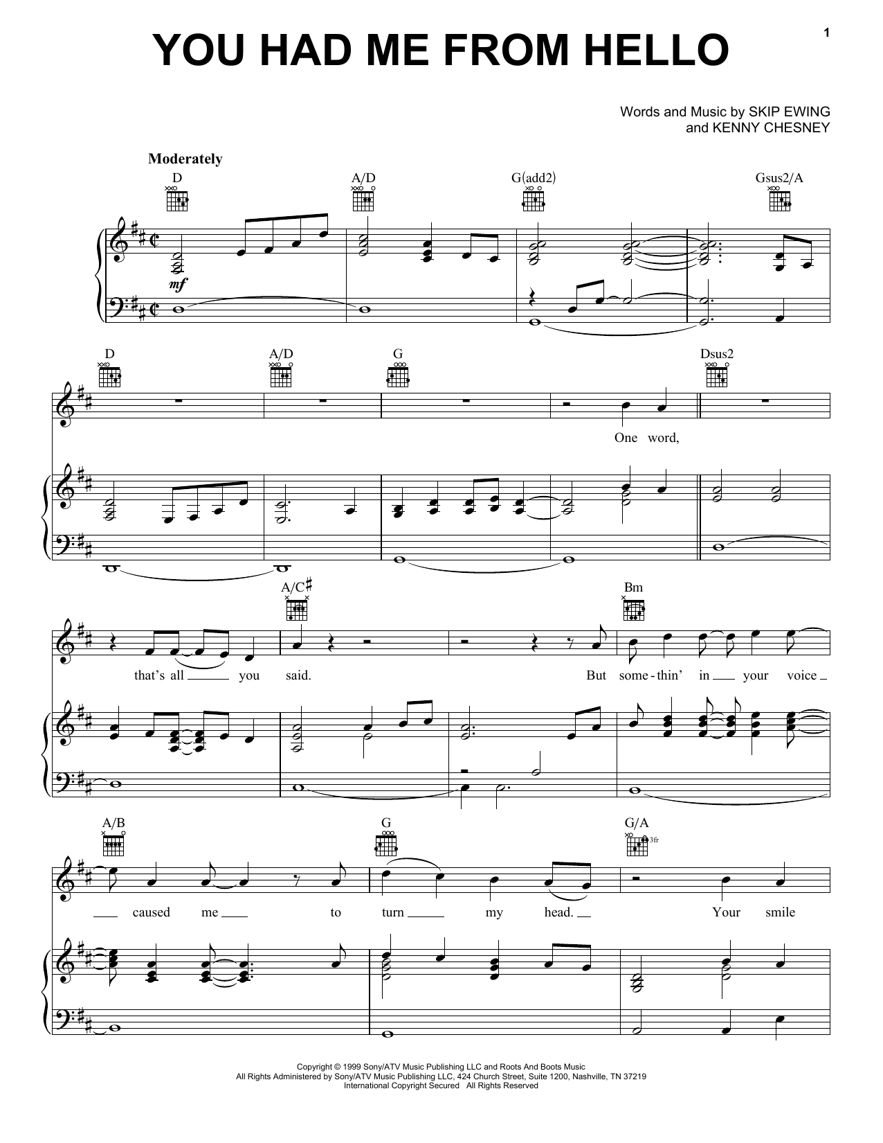 Kenny Chesney You Had Me From Hello sheet music notes and chords. Download Printable PDF.