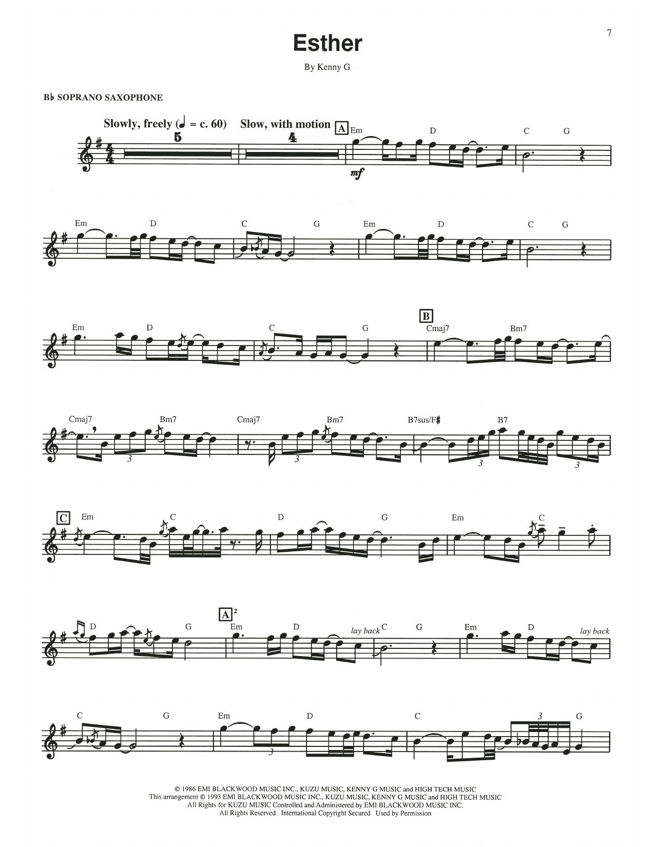 Learn to play Kenny G Esther sheet music for Soprano Sax Transcription in minutes. Price: 5.9900$ Kenny G Esther sheet music notes and chords arranged for Soprano Sax Transcription