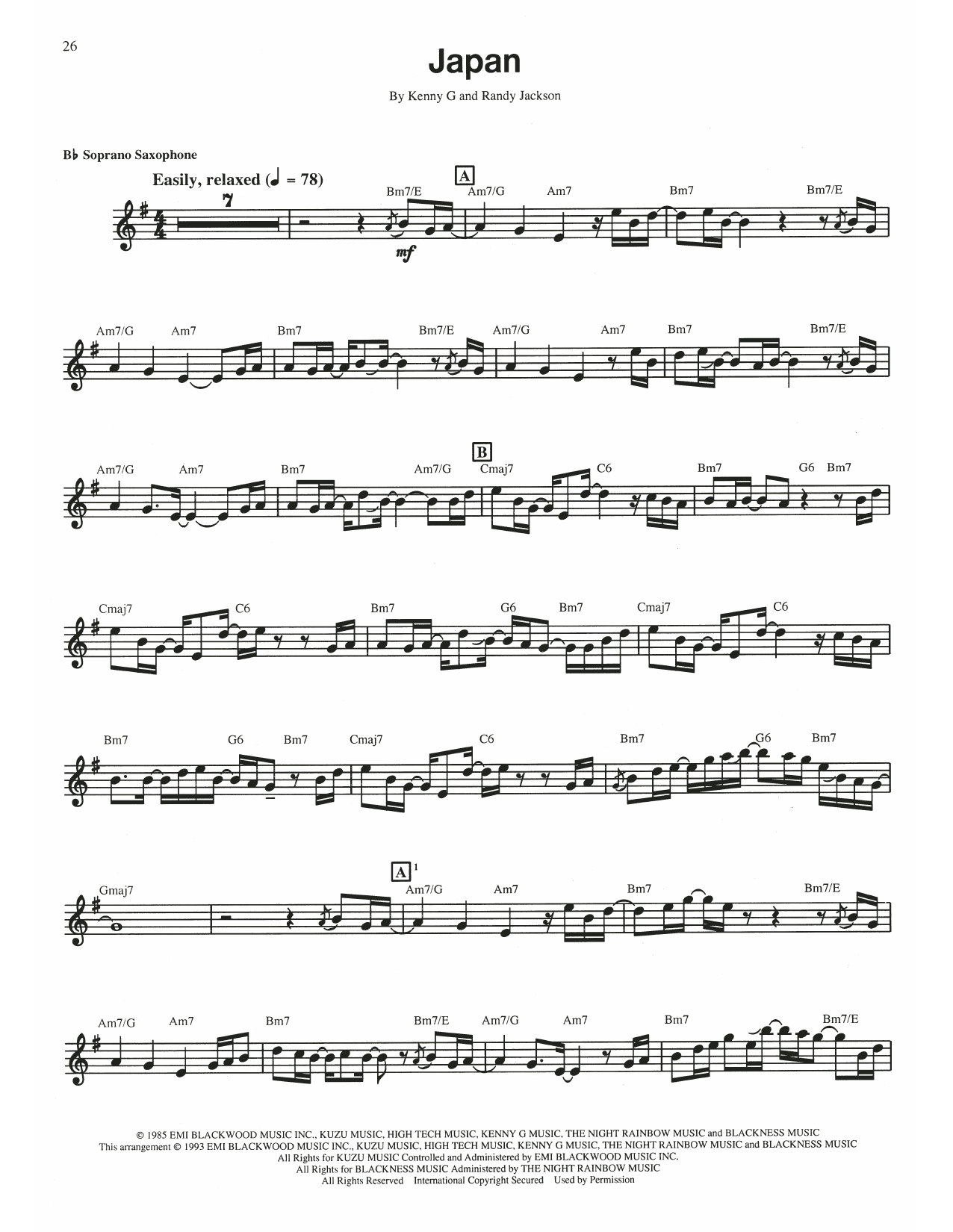 Learn to play Kenny G Japan sheet music for Soprano Sax Transcription in minutes. Price: 5.9900$ Kenny G Japan sheet music notes and chords arranged for Soprano Sax Transcription