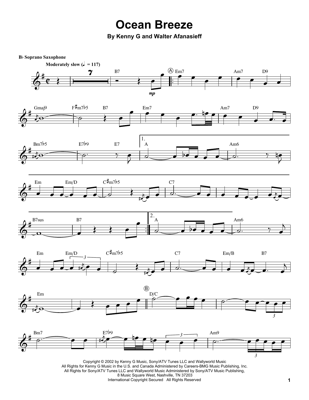 Kenny G Ocean Breeze sheet music notes and chords. Download Printable PDF.