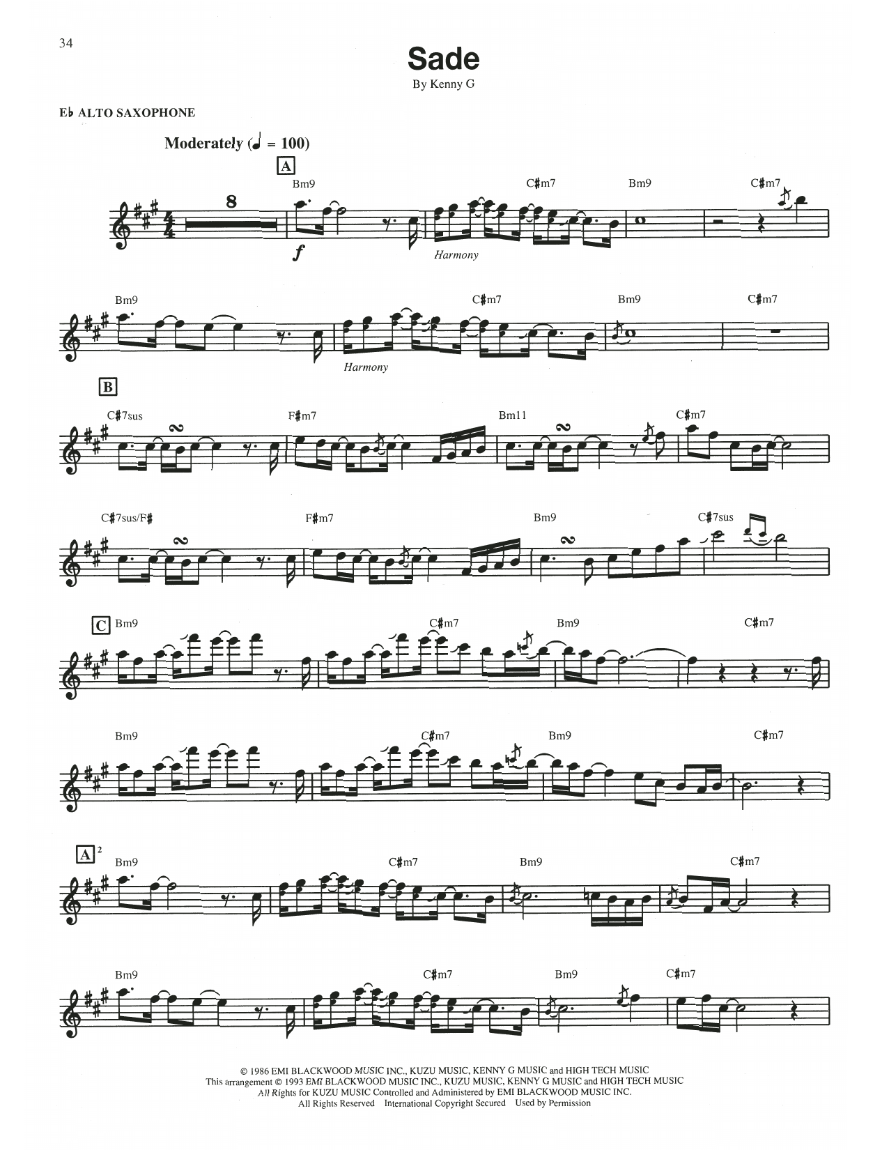 Learn to play Kenny G Sade sheet music for Alto Sax Transcription in minutes. Price: 5.9900$ Kenny G Sade sheet music notes and chords arranged for Alto Sax Transcription