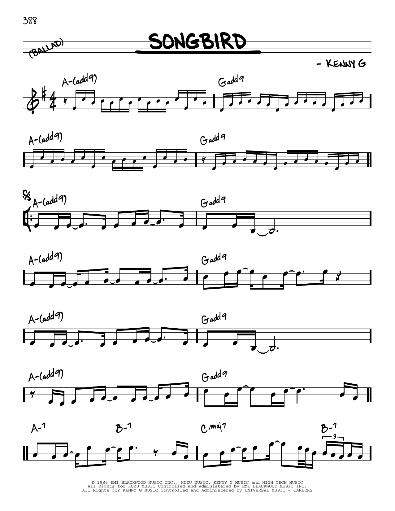 Kenny G Songbird sheet music notes and chords. Download Printable PDF.