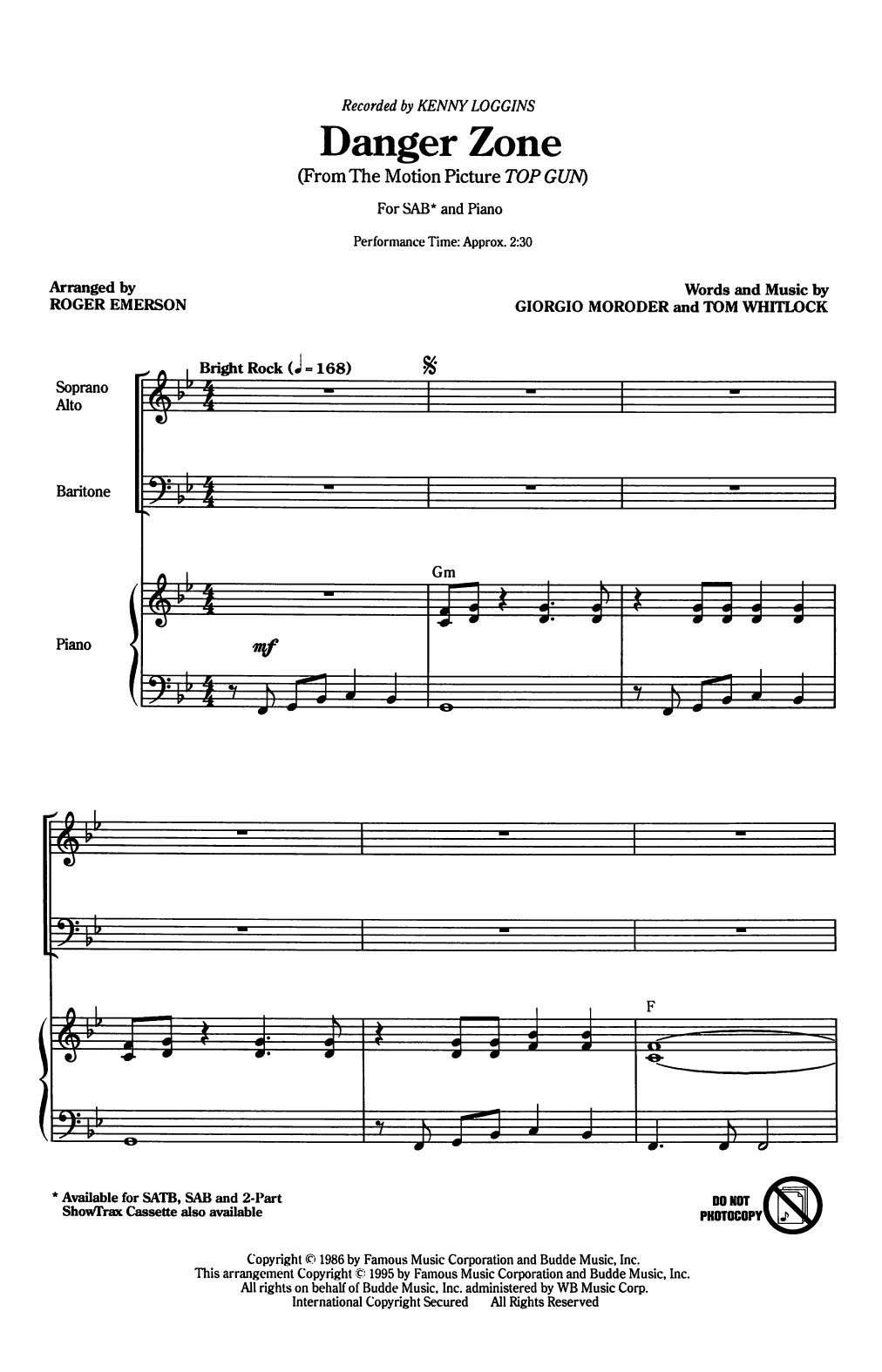 Kenny Loggins Danger Zone (arr. Roger Emerson) sheet music notes and chords. Download Printable PDF.