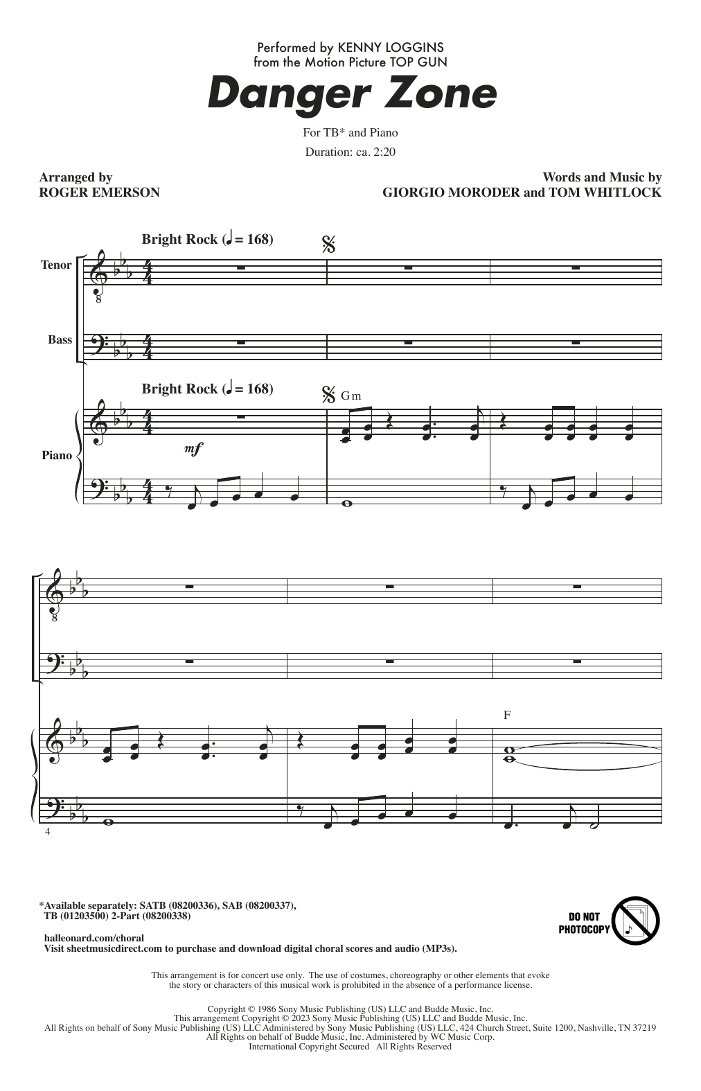 Kenny Loggins Danger Zone (from Top Gun) (arr. Roger Emerson) sheet music notes and chords. Download Printable PDF.