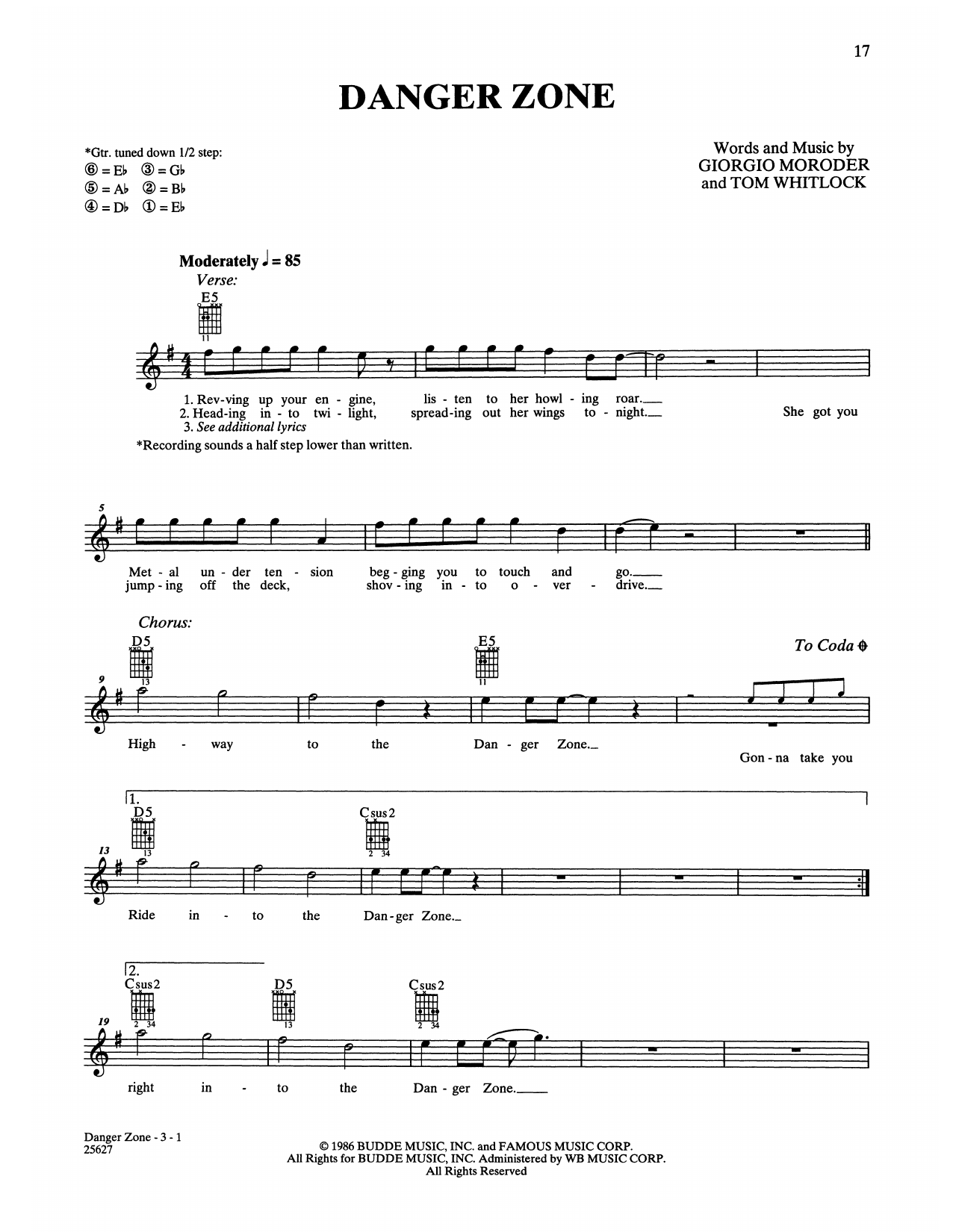 Kenny Loggins Danger Zone (from Top Gun) sheet music notes and chords. Download Printable PDF.