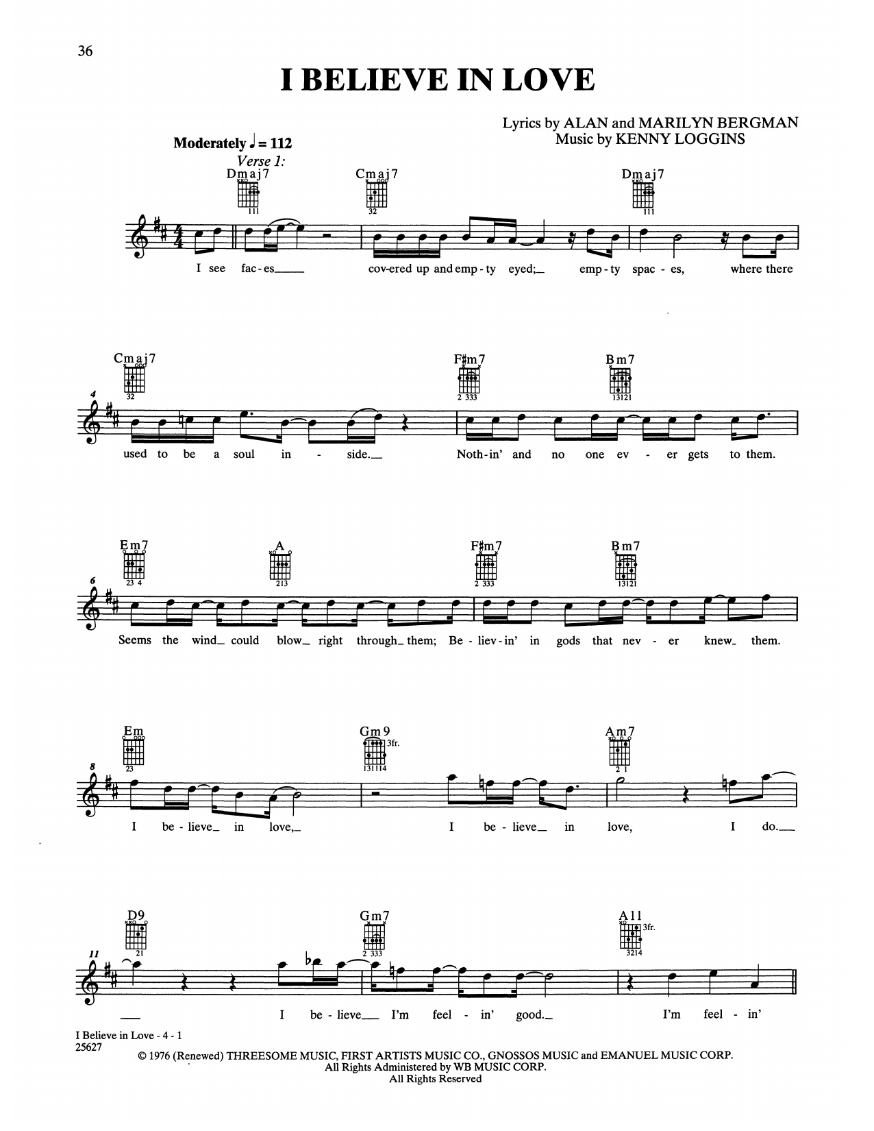 Kenny Loggins I Believe In Love sheet music notes and chords. Download Printable PDF.