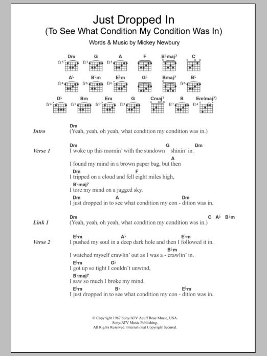 Kenny Rogers Just Dropped In (To See What Condition My Condition Was In) sheet music notes and chords. Download Printable PDF.