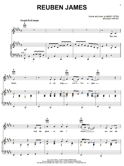 Learn to play Kenny Rogers Reuben James sheet music for Piano, Vocal & Guitar Chords (Right-Hand Melody) in minutes. Price: 7.8900$ Kenny Rogers Reuben James sheet music notes and chords arranged for Piano, Vocal & Guitar Chords (Right-Hand Melody)