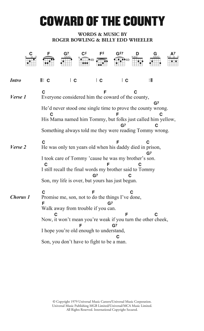 Kenny Rogers The Coward of the County sheet music notes and chords. Download Printable PDF.