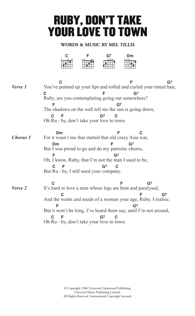 Kenny Rogers & The First Edition Ruby, Don't Take Your Love To Town sheet music notes and chords. Download Printable PDF.