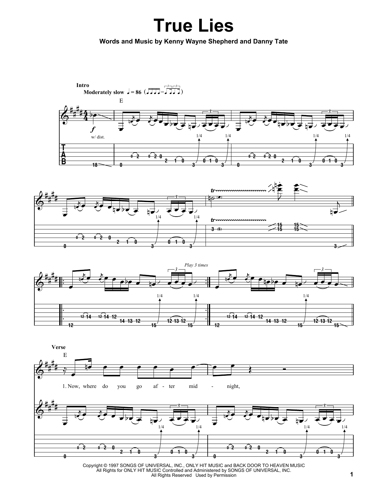 Kenny Wayne Shepherd True Lies sheet music notes and chords. Download Printable PDF.