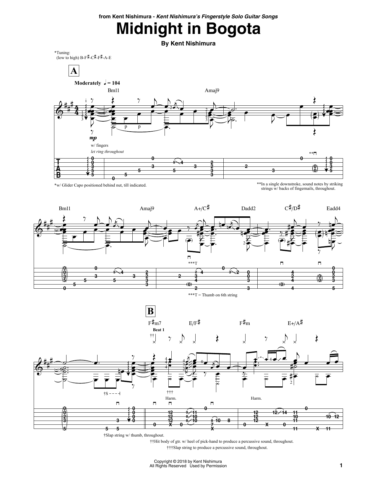 Learn to play Kent Nishimura Midnight In Bogota sheet music for Solo Guitar in minutes. Price: 7.8900$ Kent Nishimura Midnight In Bogota sheet music notes and chords arranged for Solo Guitar