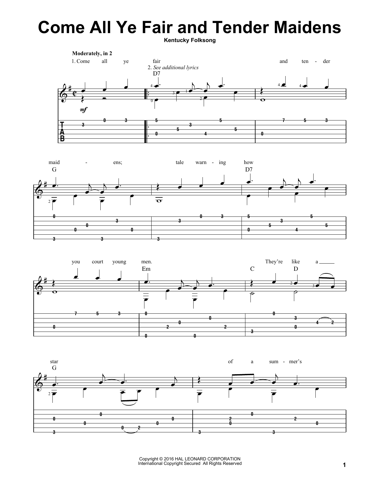 Kentucky Folksong Come All Ye Fair And Tender Maidens sheet music notes and chords. Download Printable PDF.