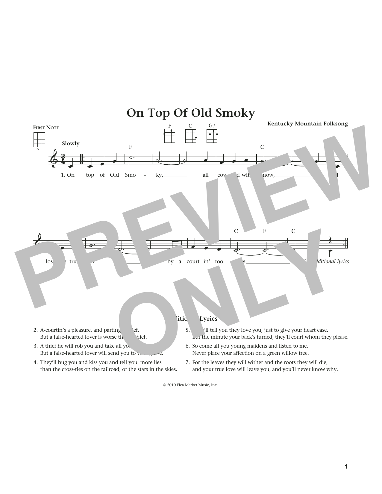 Learn to play Kentucky Mountain Folksong On Top Of Old Smoky (from The Daily Ukulele) (arr. Liz and Jim Beloff) sheet music for Ukulele in minutes. Price: 5.9900$ Kentucky Mountain Folksong On Top Of Old Smoky (from The Daily Ukulele) (arr. Liz and Jim Beloff) sheet music notes and chords arranged for Ukulele