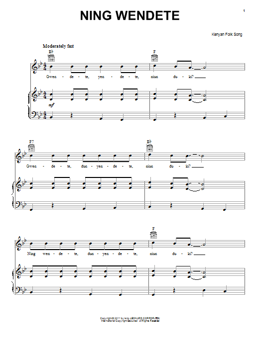 Learn to play Kenyan Folk Song Ning Wendete sheet music for Piano, Vocal & Guitar Chords (Right-Hand Melody) in minutes. Price: 7.8900$ Kenyan Folk Song Ning Wendete sheet music notes and chords arranged for Piano, Vocal & Guitar Chords (Right-Hand Melody)