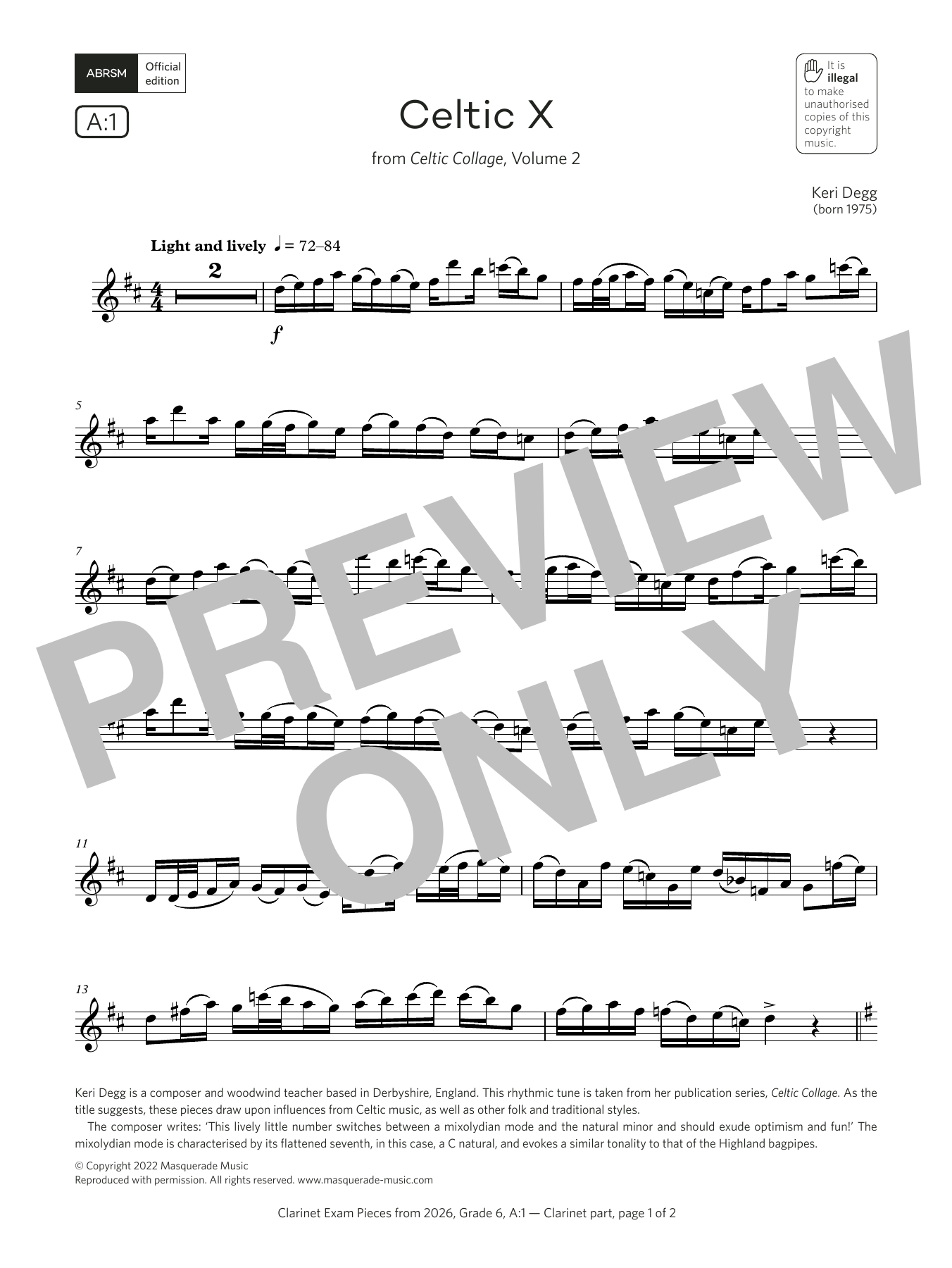 Learn to play Keri Degg Celtic X (Grade 6, list A1, from the ABRSM Clarinet Syllabus from 2026) sheet music for Clarinet Solo in minutes. Price: 6.9900$ Keri Degg Celtic X (Grade 6, list A1, from the ABRSM Clarinet Syllabus from 2026) sheet music notes and chords arranged for Clarinet Solo