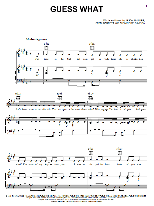 Learn to play Keyshia Cole Guess What sheet music for Piano, Vocal & Guitar Chords (Right-Hand Melody) in minutes. Price: 7.8900$ Keyshia Cole Guess What sheet music notes and chords arranged for Piano, Vocal & Guitar Chords (Right-Hand Melody)