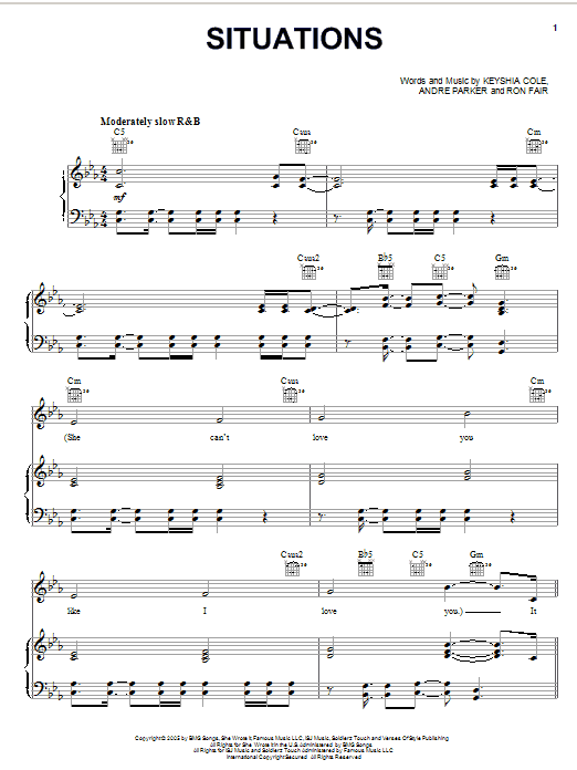Learn to play Keyshia Cole Situations sheet music for Piano, Vocal & Guitar Chords (Right-Hand Melody) in minutes. Price: 7.8900$ Keyshia Cole Situations sheet music notes and chords arranged for Piano, Vocal & Guitar Chords (Right-Hand Melody)