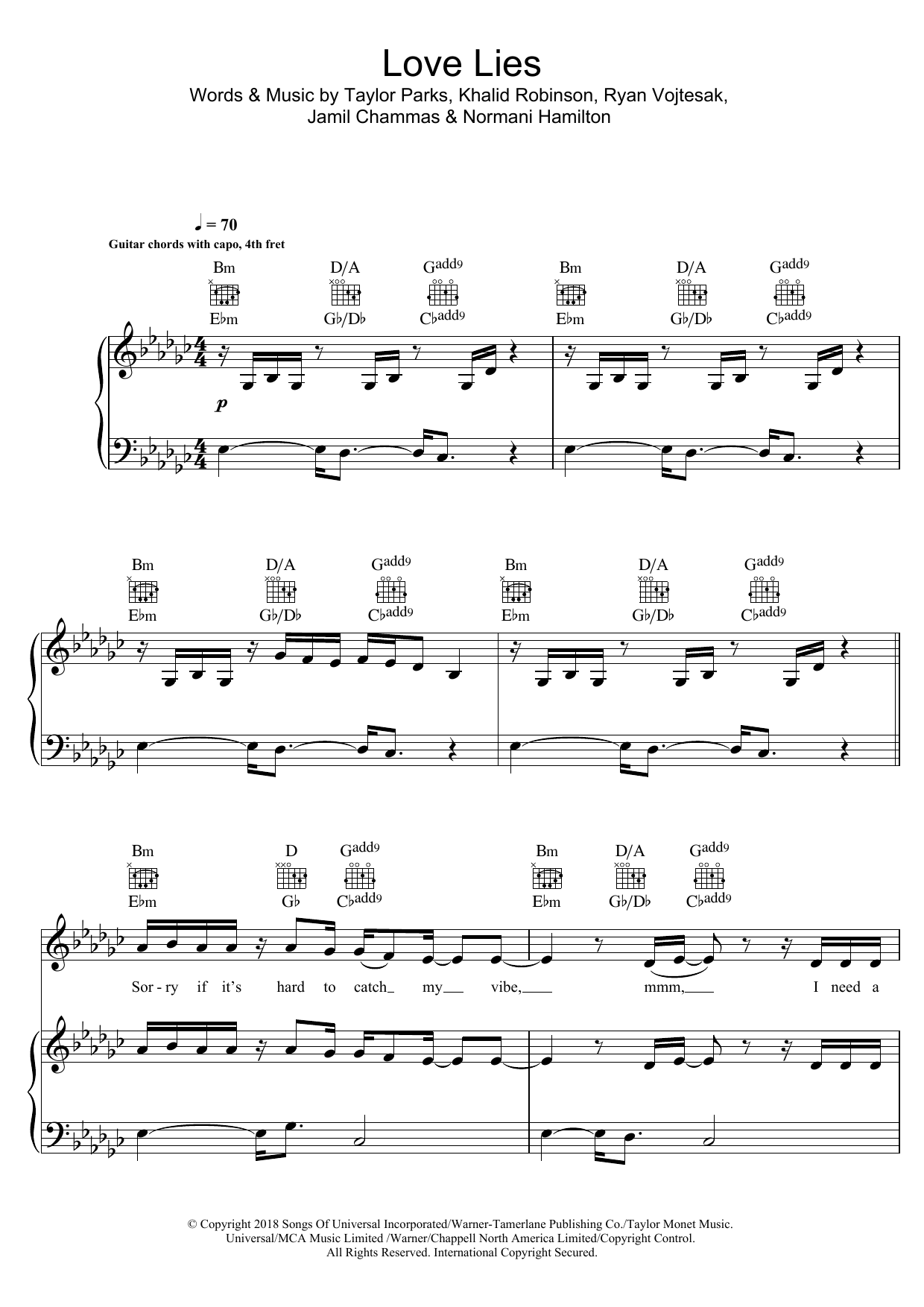 Learn to play Khalid & Normani Love Lies sheet music for Piano, Vocal & Guitar Chords in minutes. Price: 7.8900$ Khalid & Normani Love Lies sheet music notes and chords arranged for Piano, Vocal & Guitar Chords
