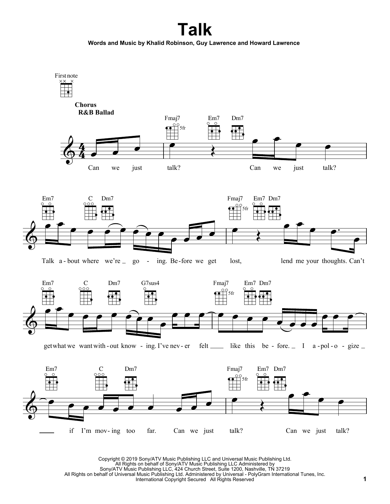 Learn to play Khalid Talk sheet music for Ukulele in minutes. Price: 5.9900$ Khalid Talk sheet music notes and chords arranged for Ukulele